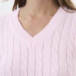 Coastal Classic Cable Knit Cotton V Neck Sweater Light Pink Medium